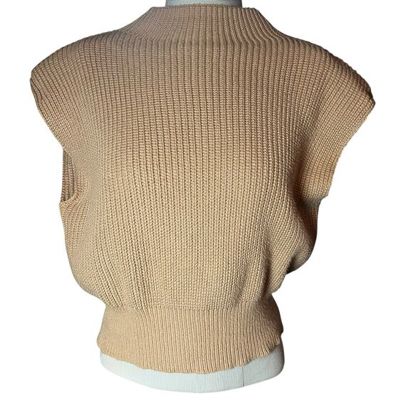 Mock Neck Sleeveless Tan camel minimalist Knit  women's Sweater size large - Picture 3 of 6